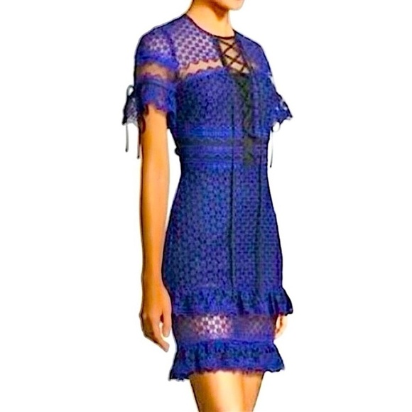 PARKER Emilia Navy Blue Ruffle Lace Short Sleeve Mini Dress - Picture 1 of 8